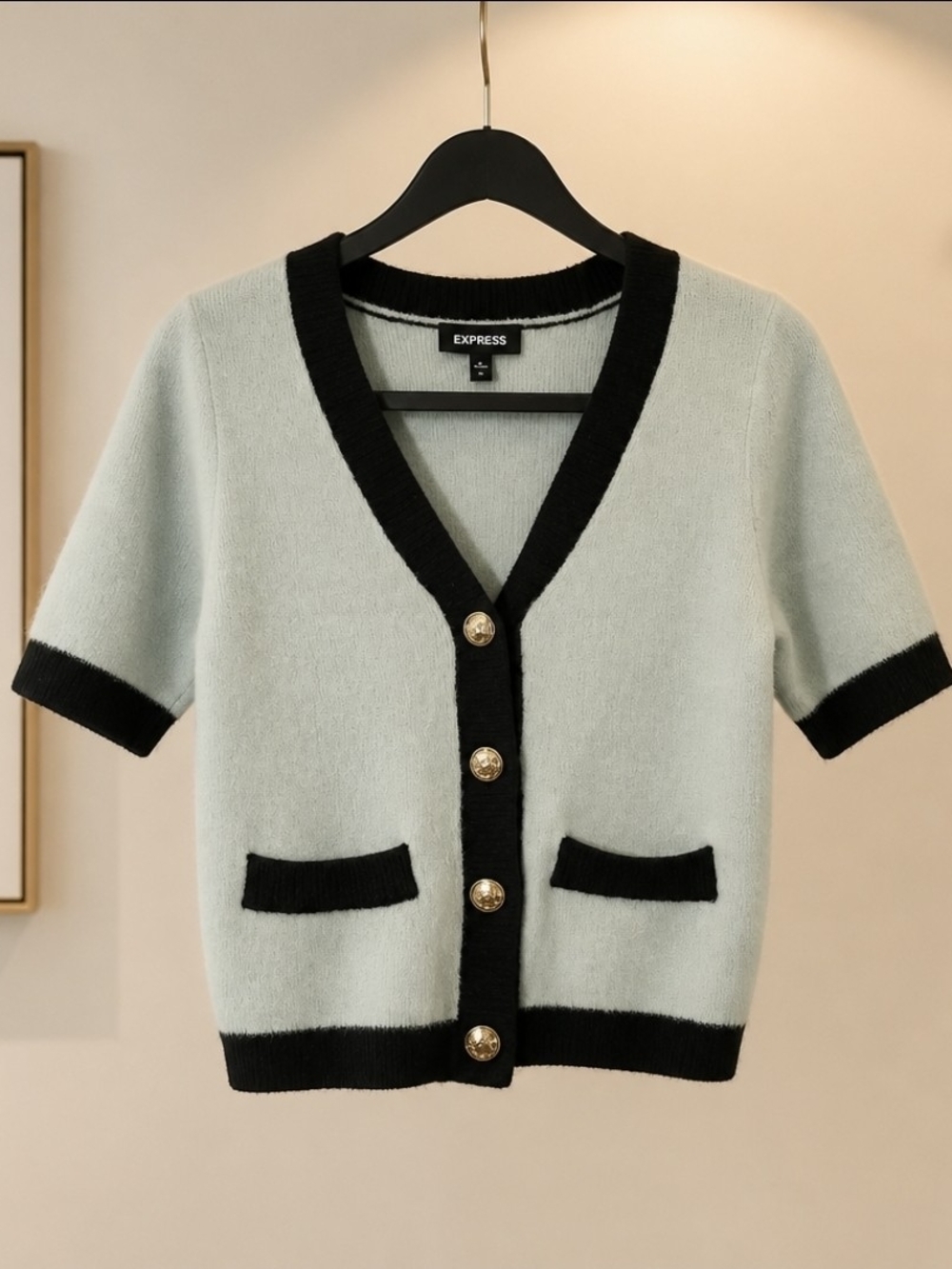Express Mint Green Black Trim Knit Cardigan Gold Button Sweater Small